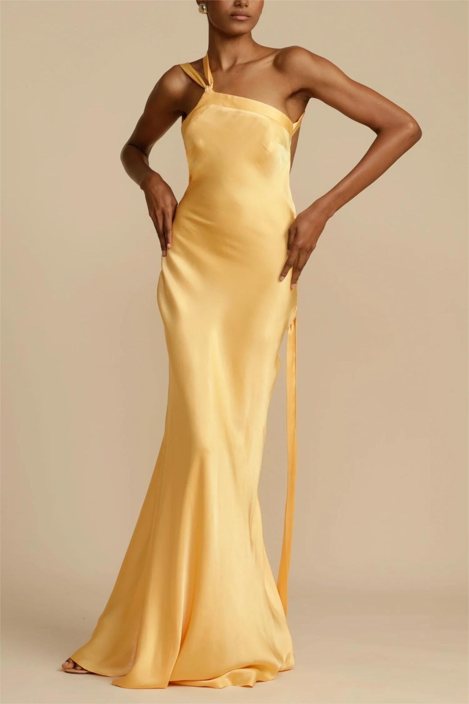 Moonlit Soiree Satin Asymmetrical One Shoulder Backless Strap Maxi Dress