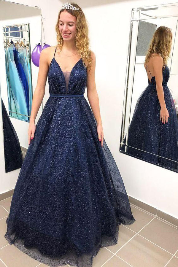 Sparkly Ball Gown V-neck Open Back Spaghetti Straps Navy Prom Dresses, Elegant Evening Dresses - VelvetHem