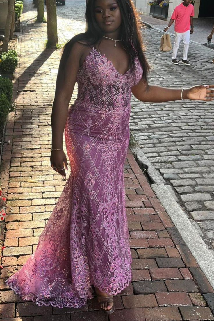 Gorgeous Spaghetti Straps Purple Tulle Lace Beaded Mermaid Party Dress Long Wedding Guest Dress - View 2 | VelvetHem
