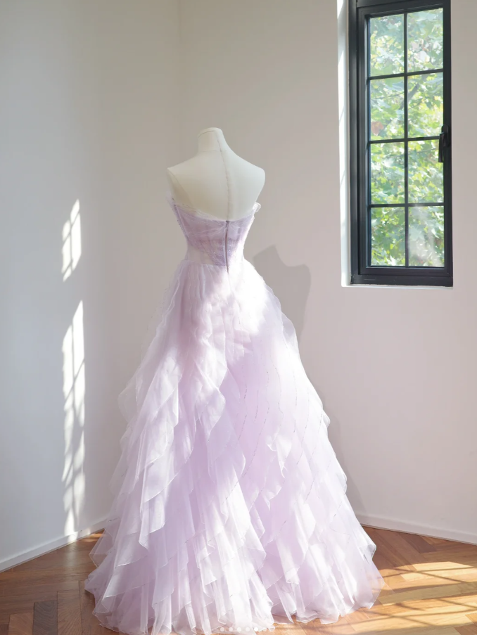Classy Strapless Lilac Beaded Tulle Ruffles Long Birthday Prom Dress Formal Party Dress - View 5 | VelvetHem