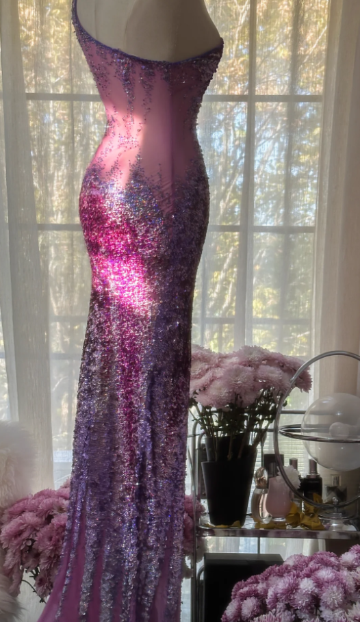 Glamorous Ombre Purple One Shoulder Chiffon Sequin Beaded Mermaid Long Evening Dress Birthday Party Dress - View 6 | VelvetHem