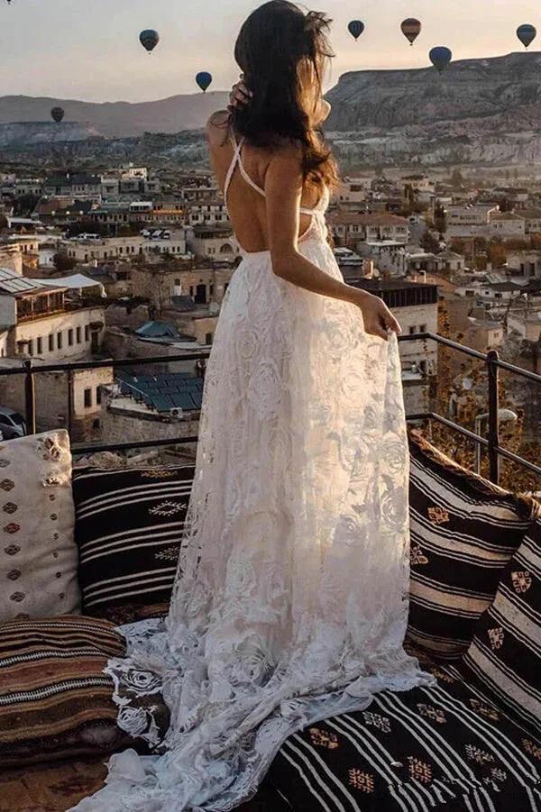Charming Ivory Boho Lace Bohemian Long Beach Wedding Dresses Bridal Dress (ZD14001)