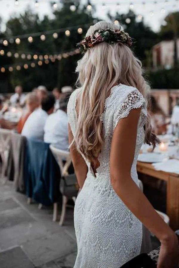 Lace Boho Mermaid Backless Cap Sleeve Bohemian Wedding Dresses (ZD13996)