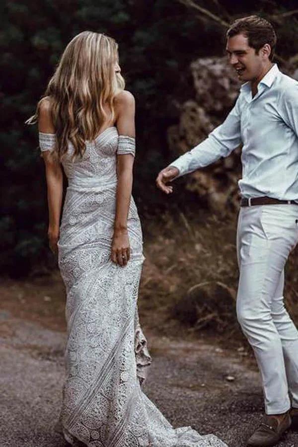 Sweetheart Neck Lace Beach Ivory Rustic Boho Wedding Dresses (ZD13997)