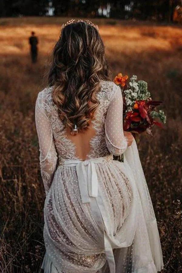 Lace Polka Dot Boho with Sleeves Bohemian Wedding Dress MW274 by Musebridals