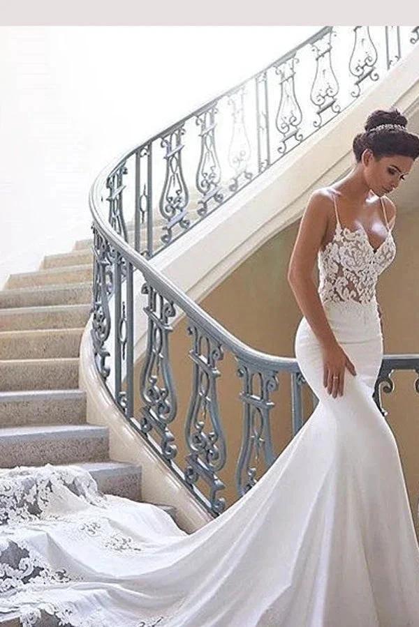 Glamorous Spaghetti-Straps Lace Wedding Dress Mermaid Bridal Gowns (ZD14008)