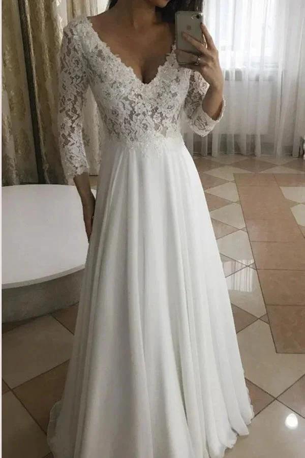 Elegant A-Line V-Neck Long Sleeves White Lace Long Wedding Dresses MW298 by Musebridals
