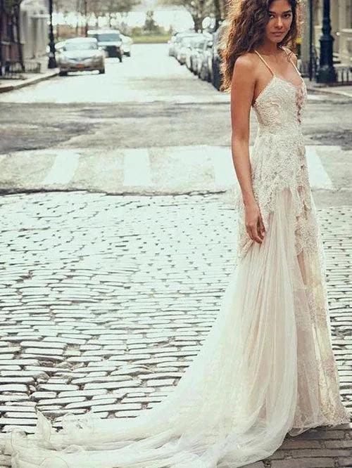 Cheap Spaghetti Straps Tulle Beach Wedding Dress Lace Appliques Bridal Dresses MW312 by Musebridals