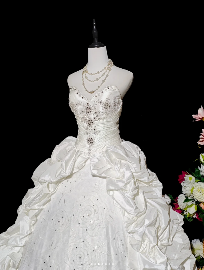 Retro Strapless Satin Pleated Beaded Ball Gown White Birthday Quinceanera Dress - View 2 | VelvetHem