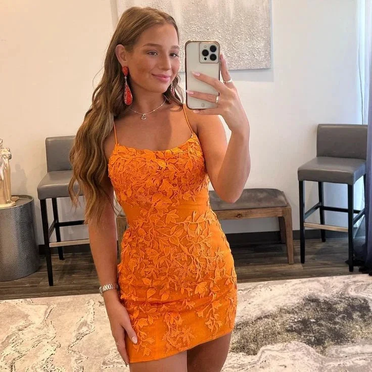 Cute Bodycon Scoop Neck Orange Lace Homecoming Dresses (ZD11807)