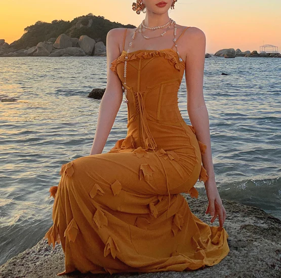 Unique Orange Mermaid Evening Gown Spaghetti Strap 3D Flower Long Prom Dress - View 5 | VelvetHem