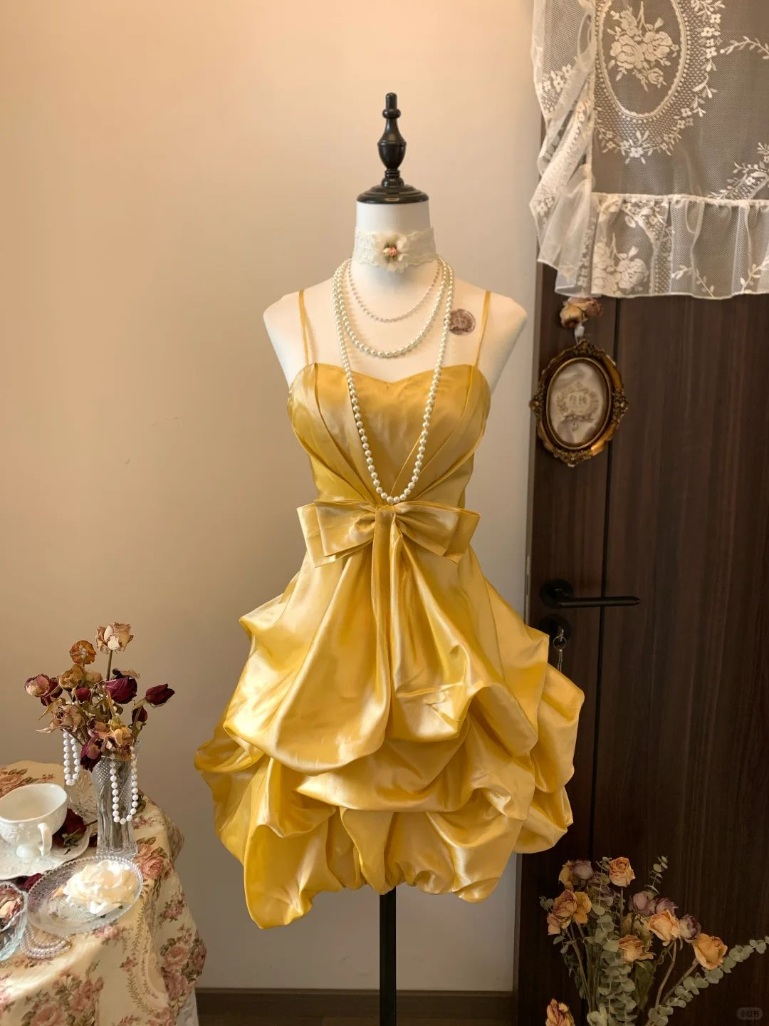 Vintage Yellow Spaghetti Straps Satin Pleated Short Prom Dress Formal Graduation Homecoming Dress - View 2 | VelvetHem