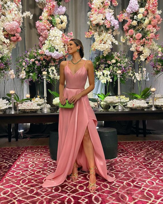 A-line Spaghetti Straps Pink Satin Evening Dress Y4728 - VelvetHem