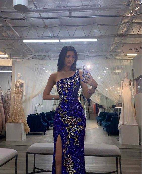 Stunning One Shoulder Sequins Evening Dress With Split,Glam Dress