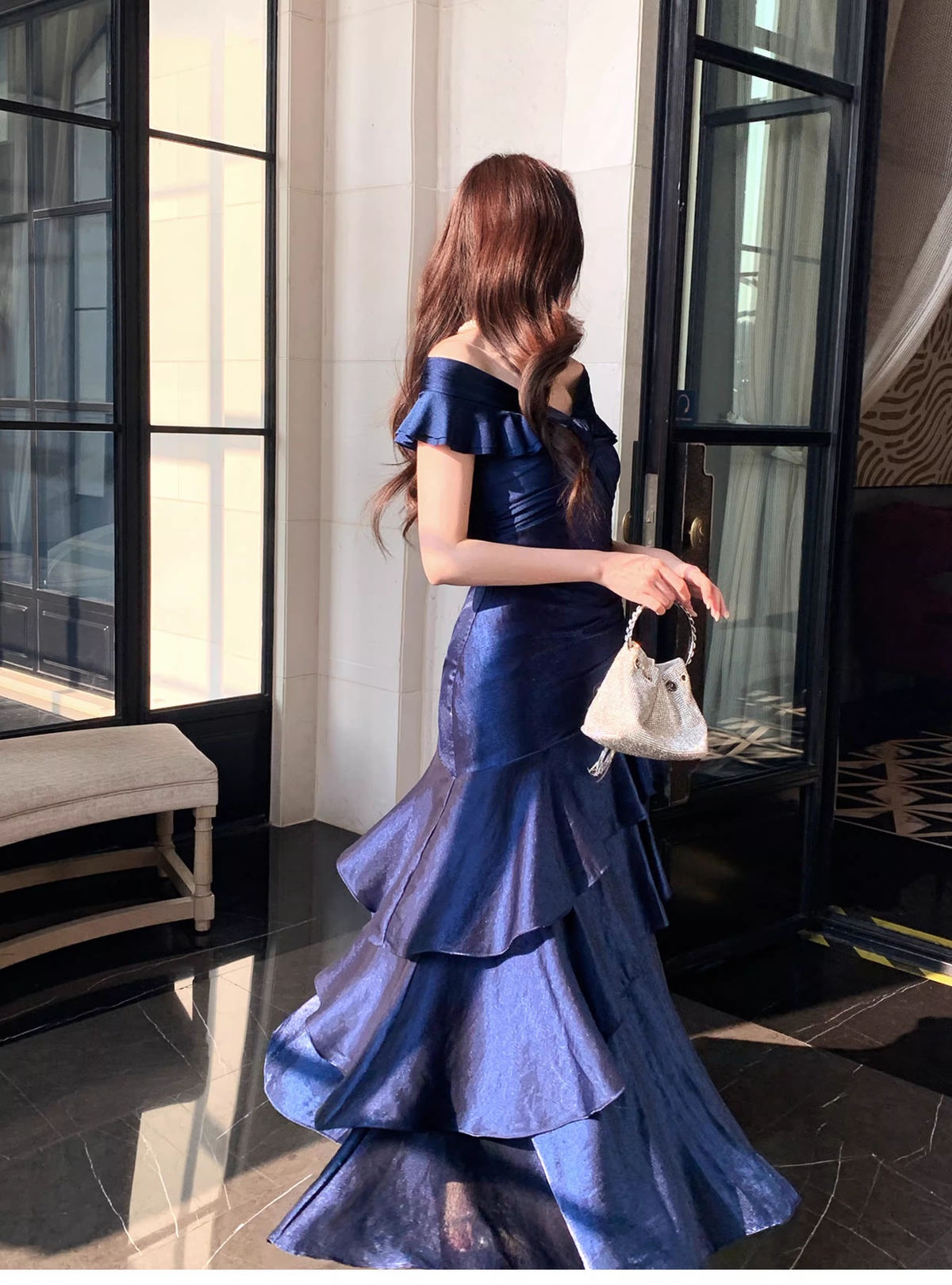 Stylish Navy Blue Off The Shoulder Satin Layered Ruffles Mermaid Long Evening Dress Prom Gown - View 8 | VelvetHem