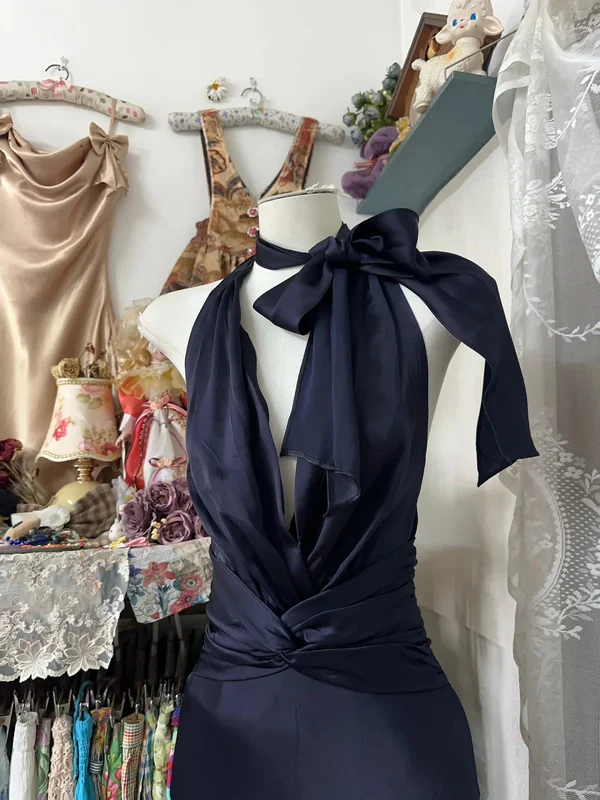 Retro Halter Satin Mermaid Navy Blue Backless Long Evening Dress Formal Birthday Party Dress - View 2 | VelvetHem