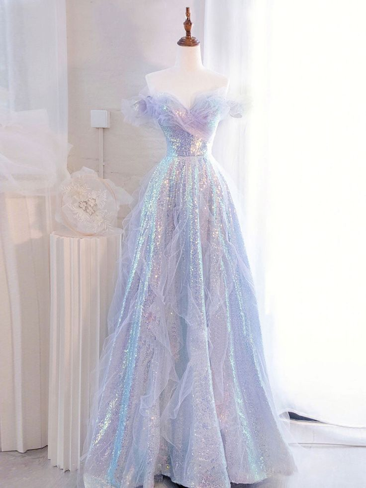 Purple Off Shoulder Sequin Tulle Long Prom Dress Formal Evening Dresses Y5864 - VelvetHem
