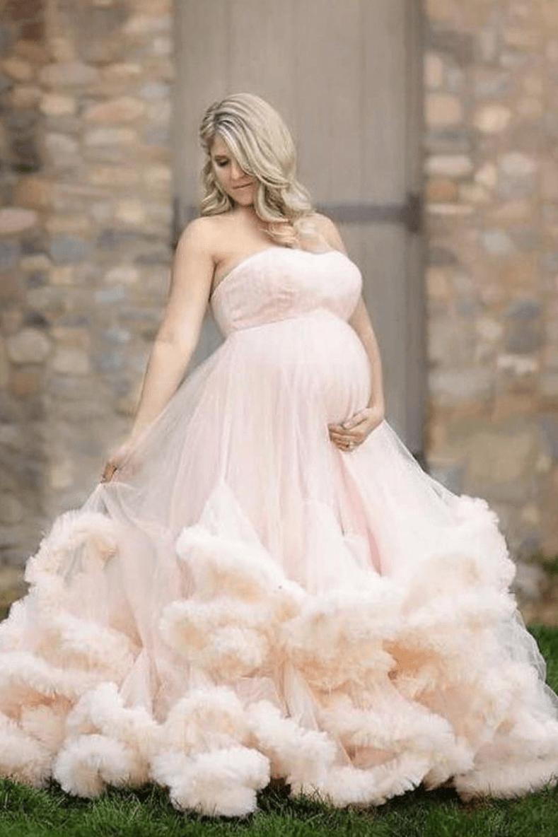 Maternity Pregnant Cloud Pink Long Strapless Wedding Dresses