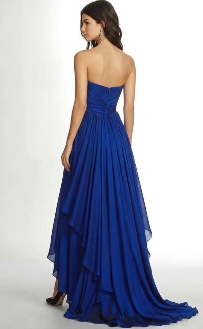 Maxi A Line Royal Blue Wedding Guest Dress Pleated Asymmetric Chiffon Strapless Formal Dress