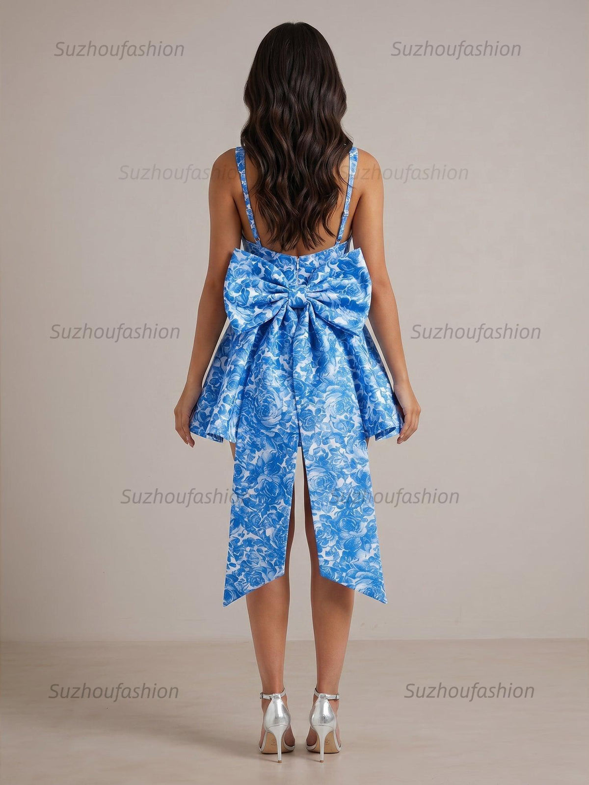 Suzhoufashion Mediterranean Blue Toile Square Neck Homecoming Mini Dress with Trailing Bow