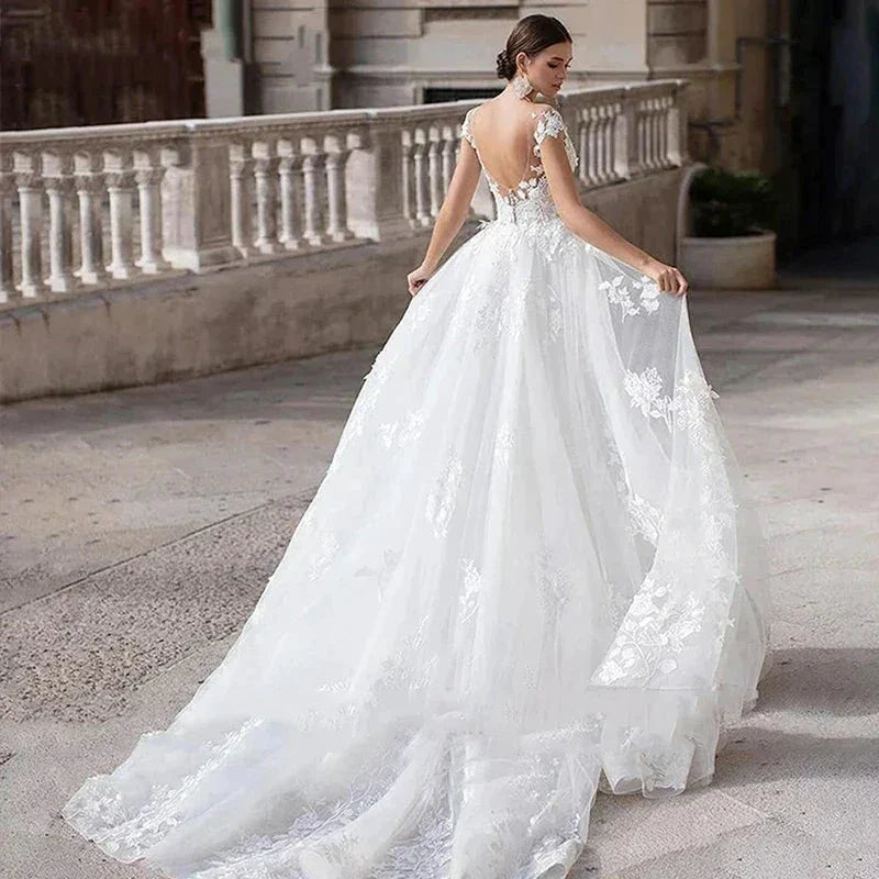 Mermaid 2 In 1 Wedding Dress Tulle Scoop Cap Sleeves Backless Lace Appliques Bridal Gowns With Detachable Train (ZD13535)