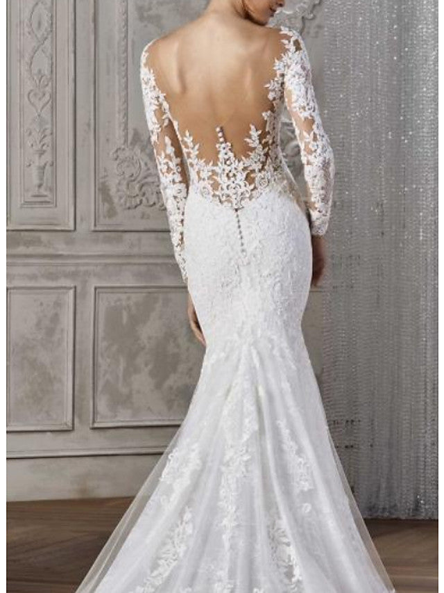 Mermaid Beach Wedding Dress Lace Satin Long Sleeve Backless Bridal Gowns with Court Train