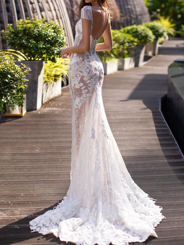 Mermaid Beach Wedding Dresses Jewel Lace Tulle Short Sleeve Bridal Gowns Country Plus Size Sweep Train
