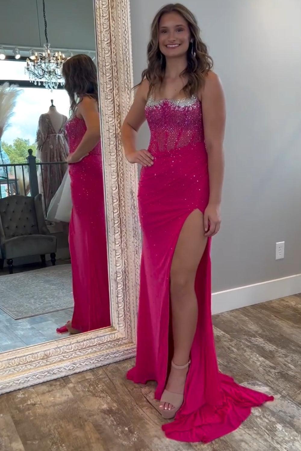 Mermaid Black Prom Dress Spaghetti Straps Corset Long Formal Dress With Slit