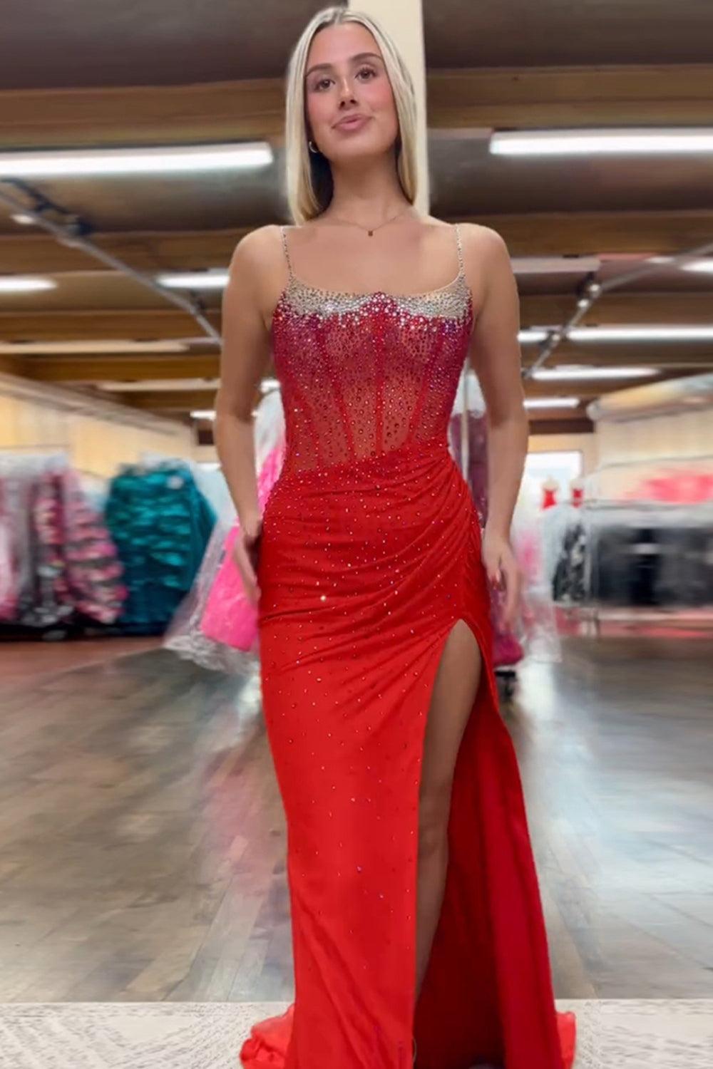 Mermaid Black Prom Dress Spaghetti Straps Corset Long Formal Dress With Slit