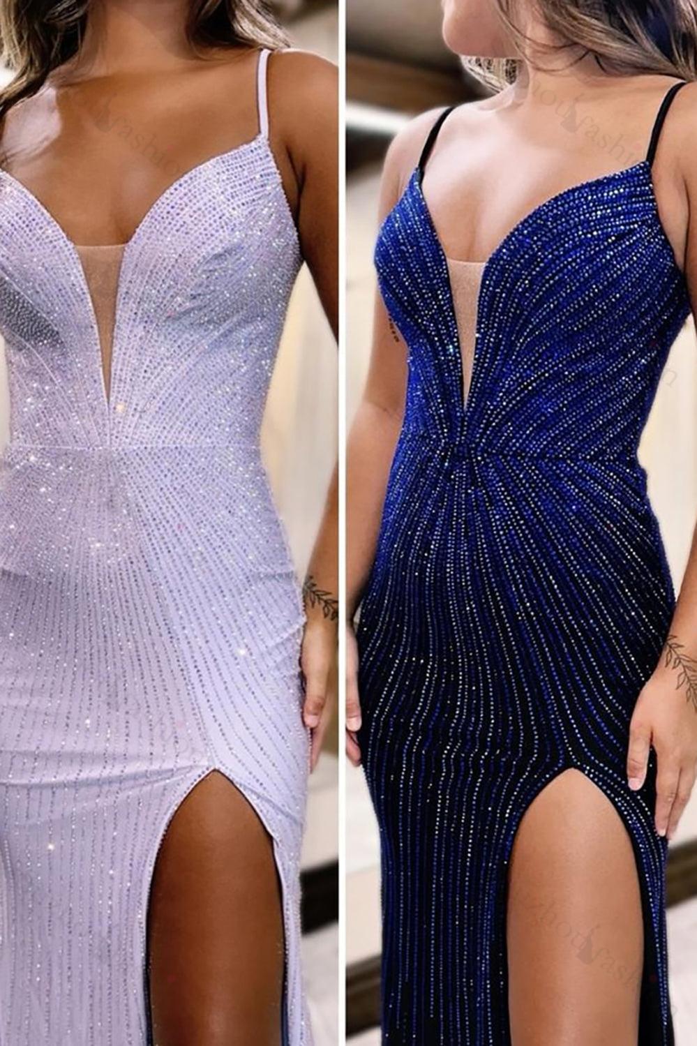 Mermaid Blue Prom Dress Spaghetti Straps Long Formal Dress With Slit