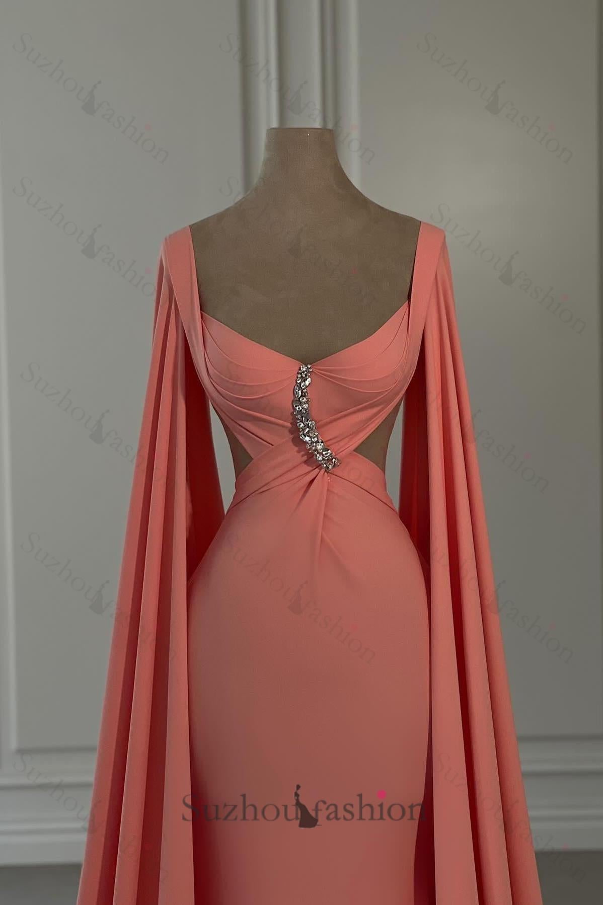 Mermaid Chiffon Off The Shoulder Cap Sleeve Formal Dress With Rhinestone