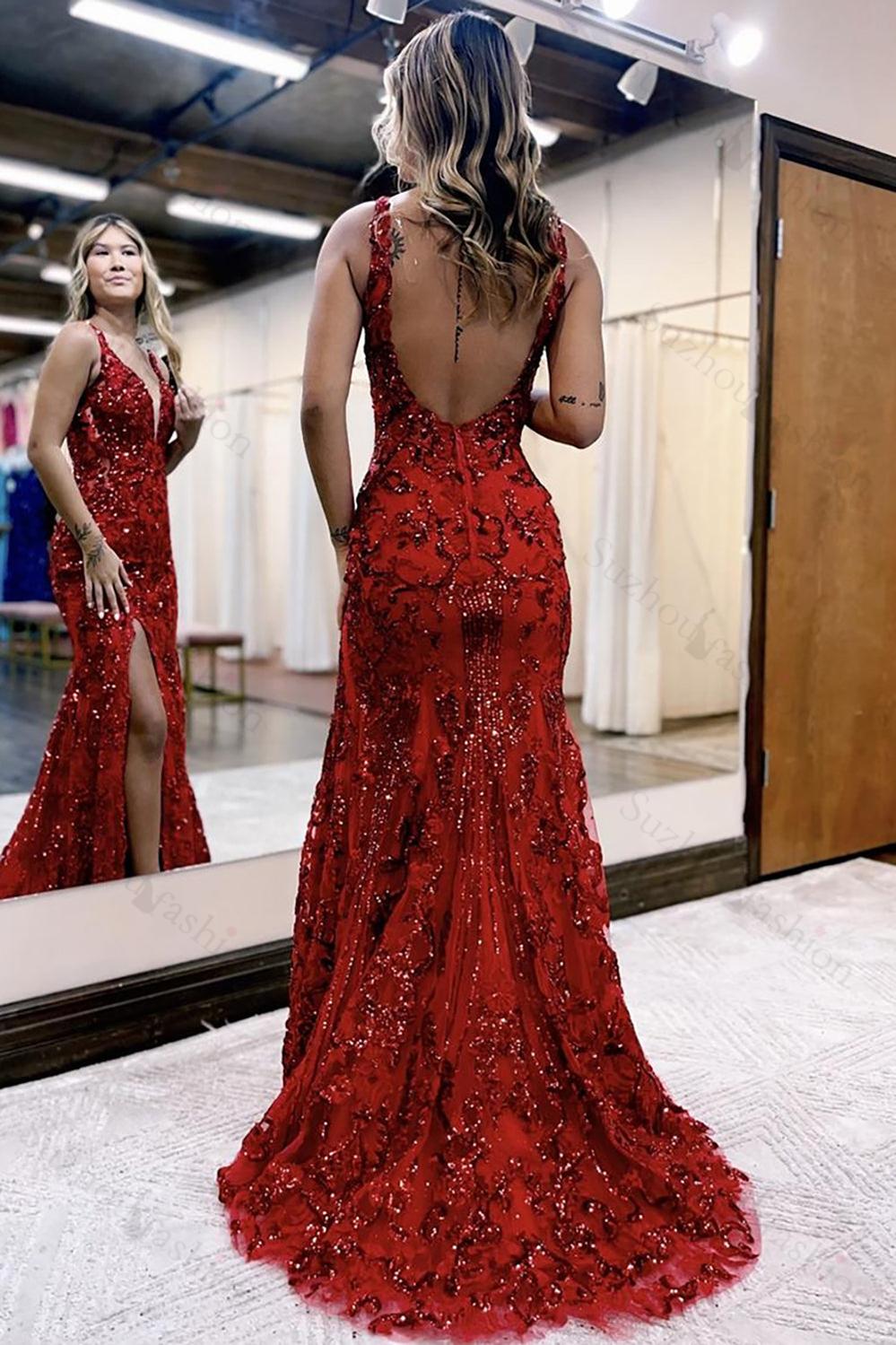 Mermaid Dark Red Prom Dress Long Formal Dress With Slit