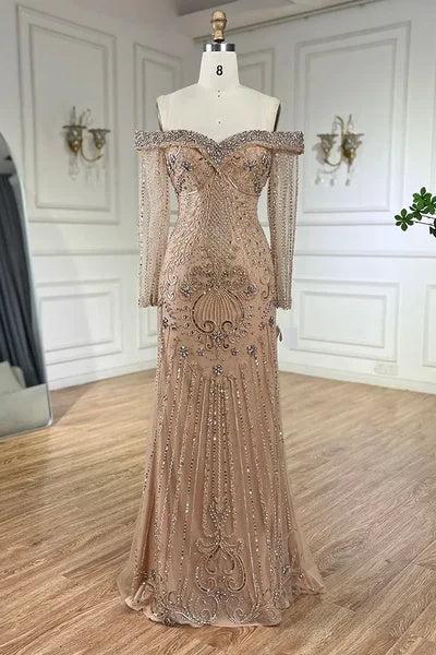 Off the Shoulder Long Sleeves Long Evening Formal Dress With Beading Tulle