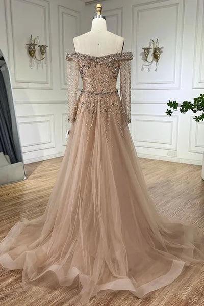 Off the Shoulder Long Sleeves Long Evening Formal Dress With Beading Tulle