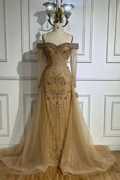 Off the Shoulder Long Sleeves Long Evening Formal Dress With Beading Tulle