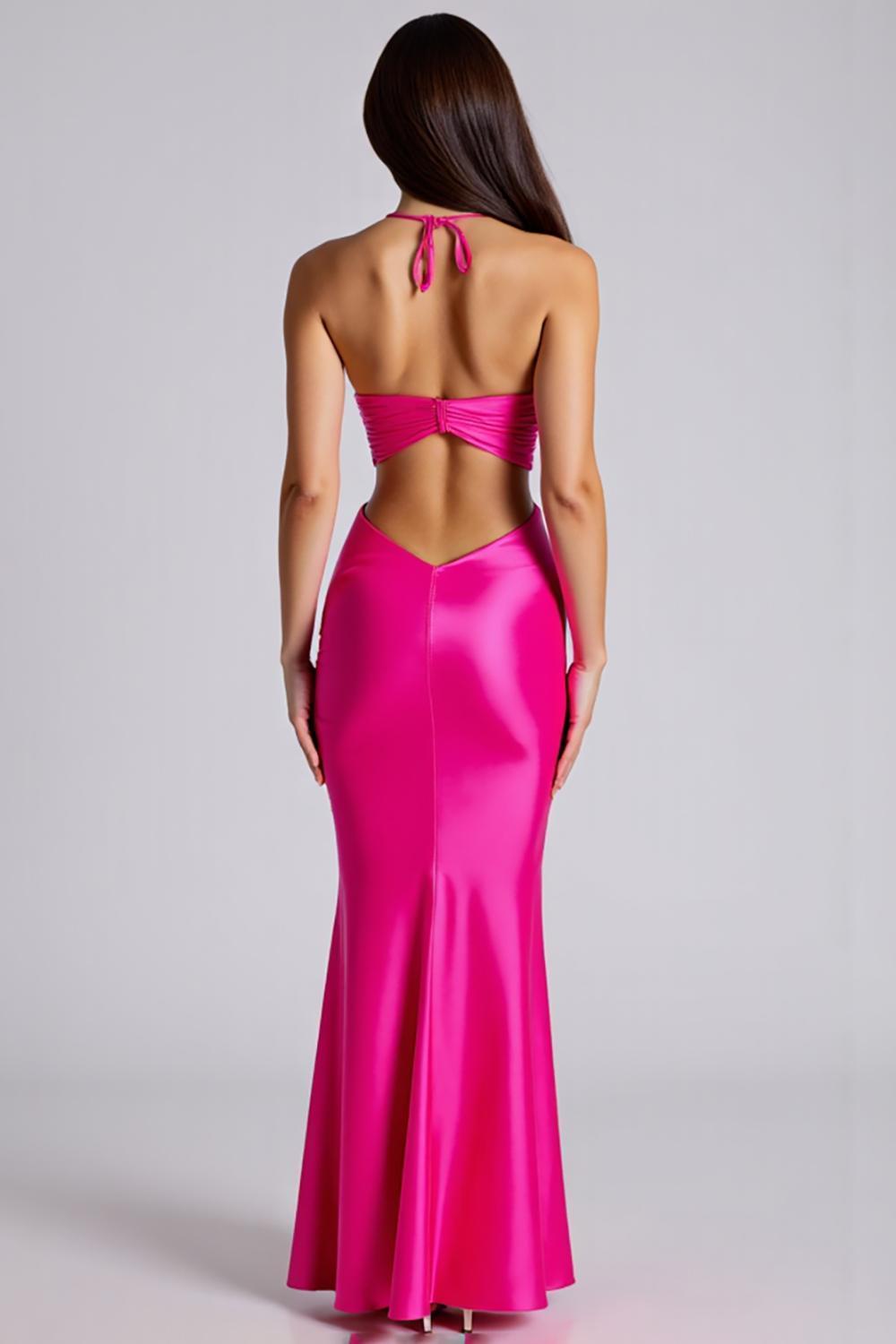 Mermaid Halter Fuchsia Wedding Guest Dress Satin Long Formal Dress