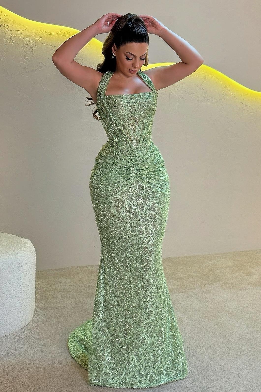 Suzhoufashion Mermaid Halter Neck Gold Sequined Long Prom Dress With Ruched Formal Evening Gown