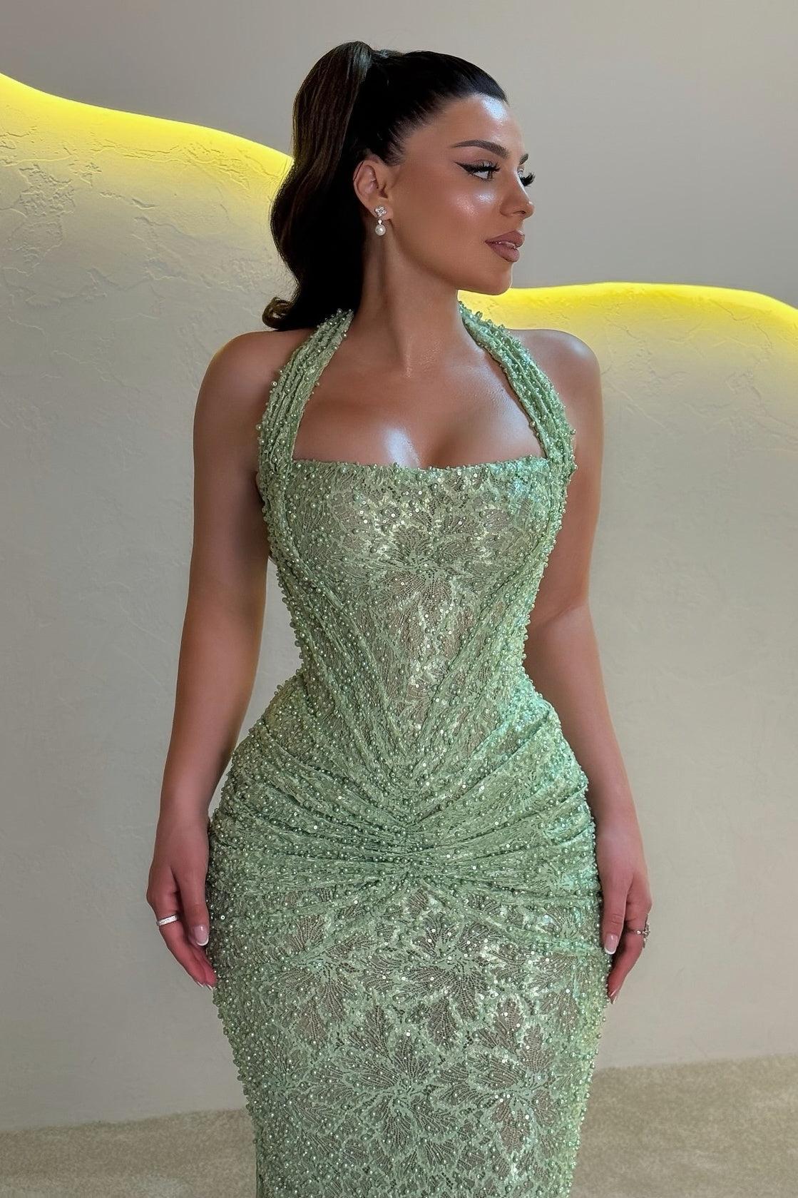 Suzhoufashion Mermaid Halter Neck Gold Sequined Long Prom Dress With Ruched Formal Evening Gown