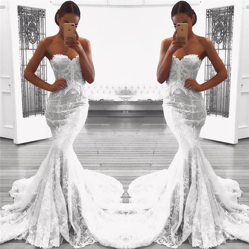 Mermaid Lace Beach Wedding Dresses with Court Train | Strapless Sexy Bridal Gowns
