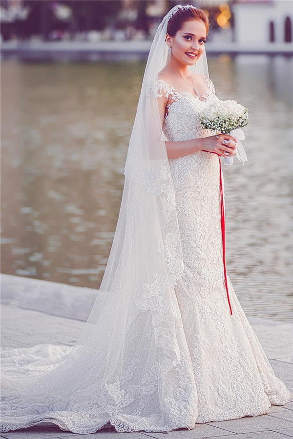 Mermaid Lace  Wedding Dresses | Long Train Cap Sleeves Bride Dress