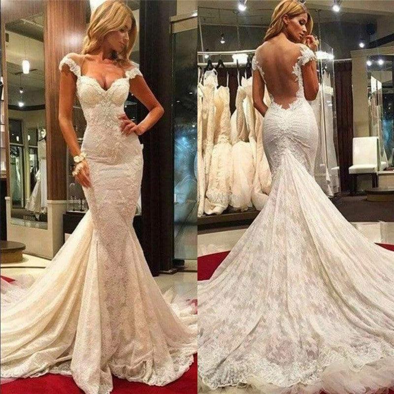 Mermaid Lace Wedding Dresses  | Sheer Tulle Back Sexy Bridal Gowns with Chapel Train