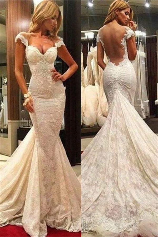 Mermaid Lace Wedding Dresses  | Sheer Tulle Back Sexy Bridal Gowns with Chapel Train