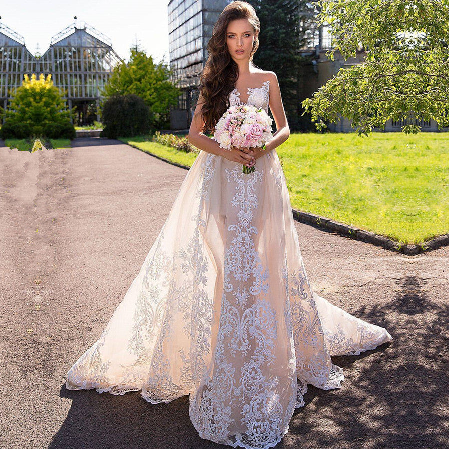 Mermaid Lace Wedding Dresses for Beach | Open Back Sexy Detachable Overskirt Bridal Gowns