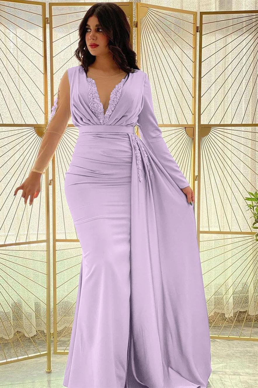 Mermaid Long Sleeve Prom Dress Beaded Pleated Evening Formal Dress Side Split With Ruffles