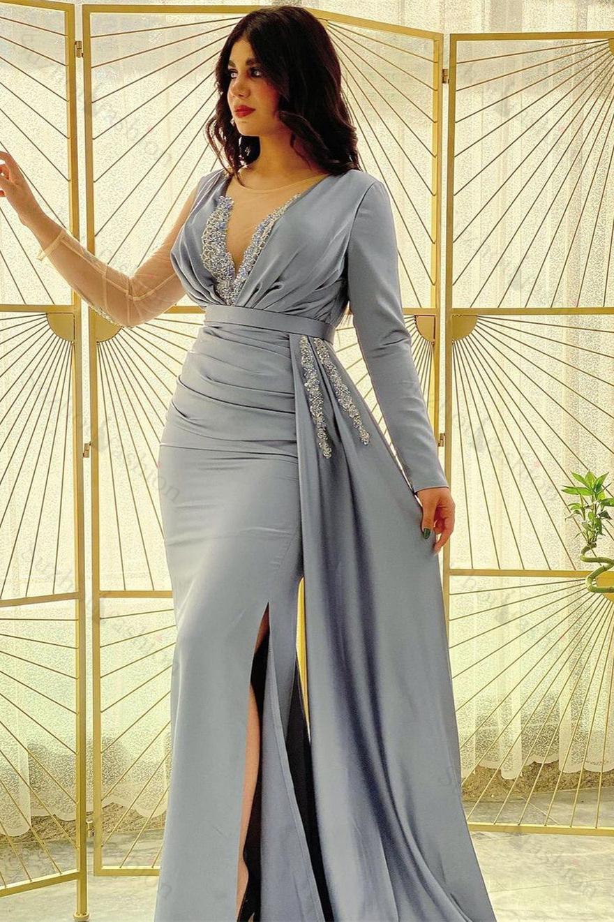 Mermaid Long Sleeve Prom Dress Beaded Pleated Evening Formal Dress Side Split With Ruffles