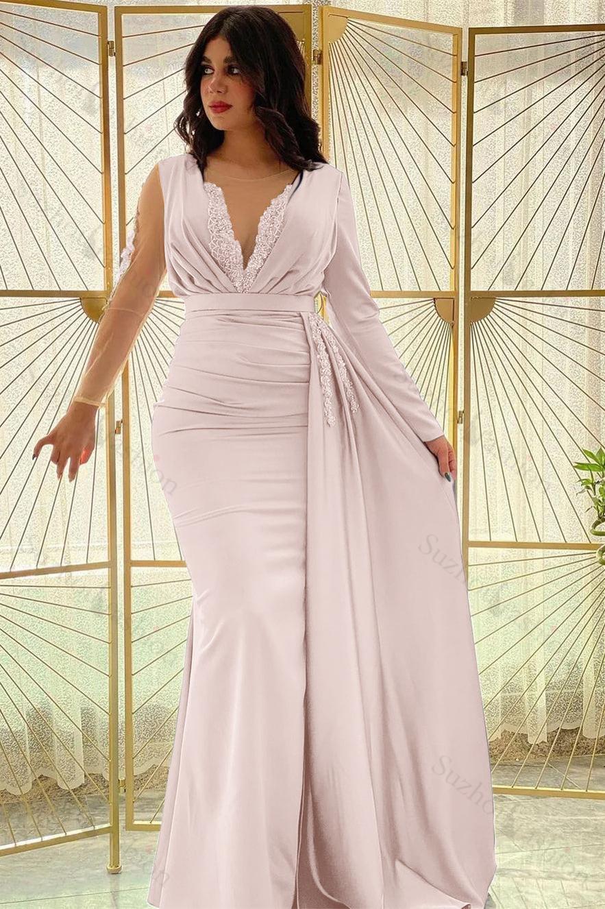 Mermaid Long Sleeve Prom Dress Beaded Pleated Evening Formal Dress Side Split With Ruffles