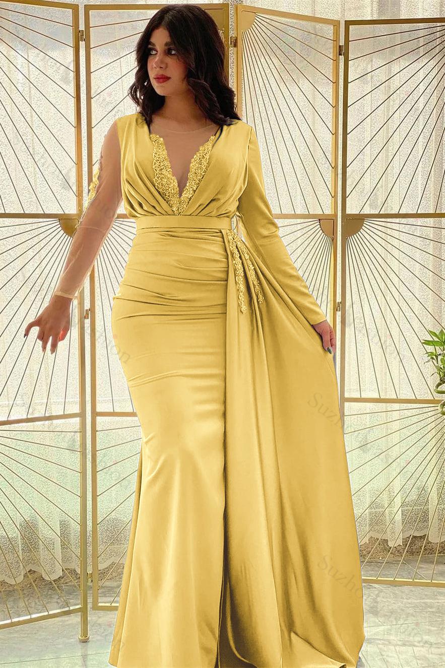 Mermaid Long Sleeve Prom Dress Beaded Pleated Evening Formal Dress Side Split With Ruffles