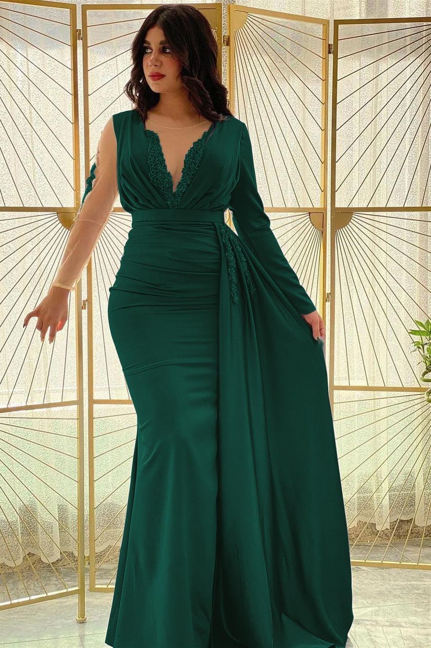 Mermaid Long Sleeve Prom Dress Beaded Pleated Evening Formal Dress Side Split With Ruffles
