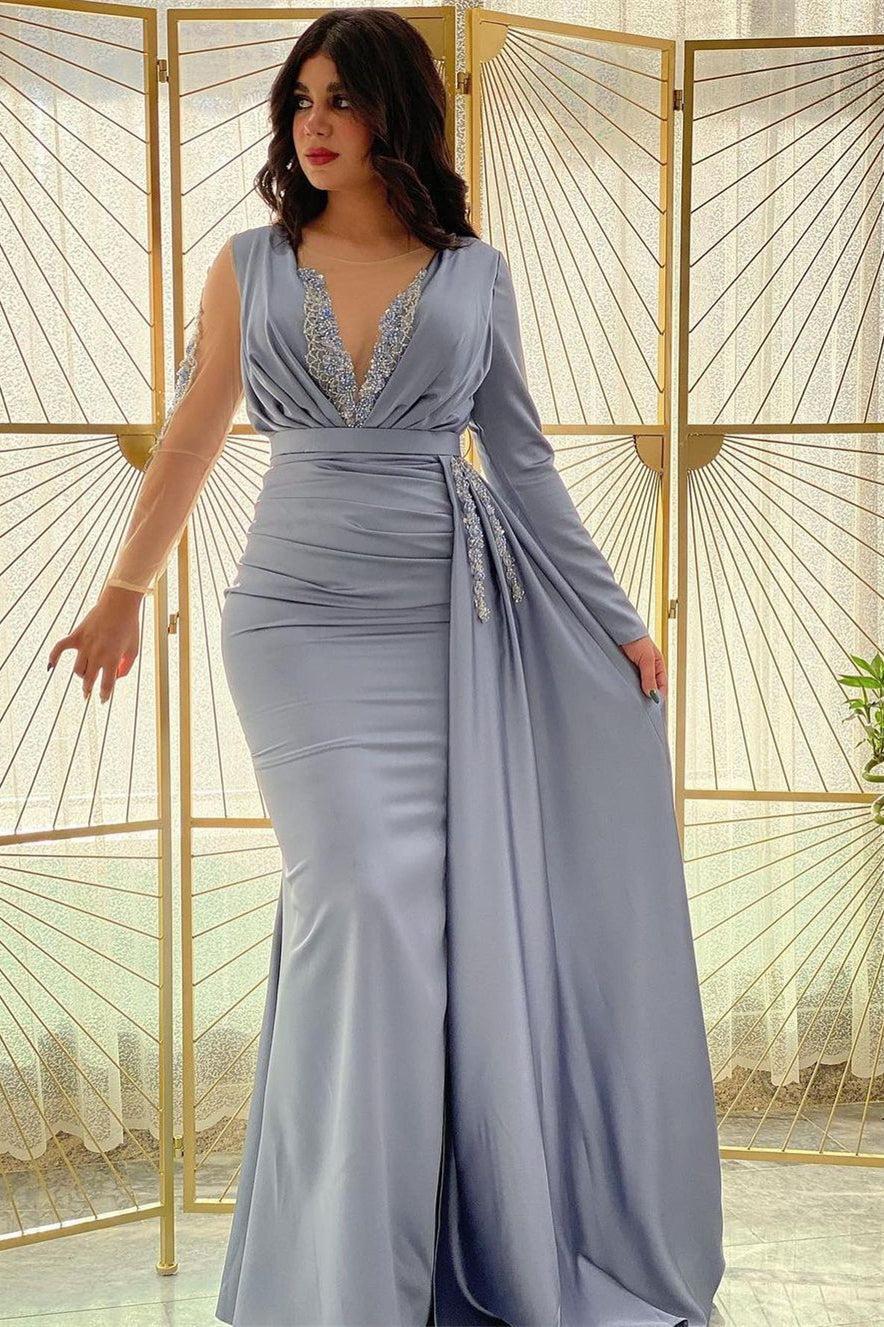 Mermaid Long Sleeve Prom Dress Beaded Pleated Evening Formal Dress Side Split With Ruffles