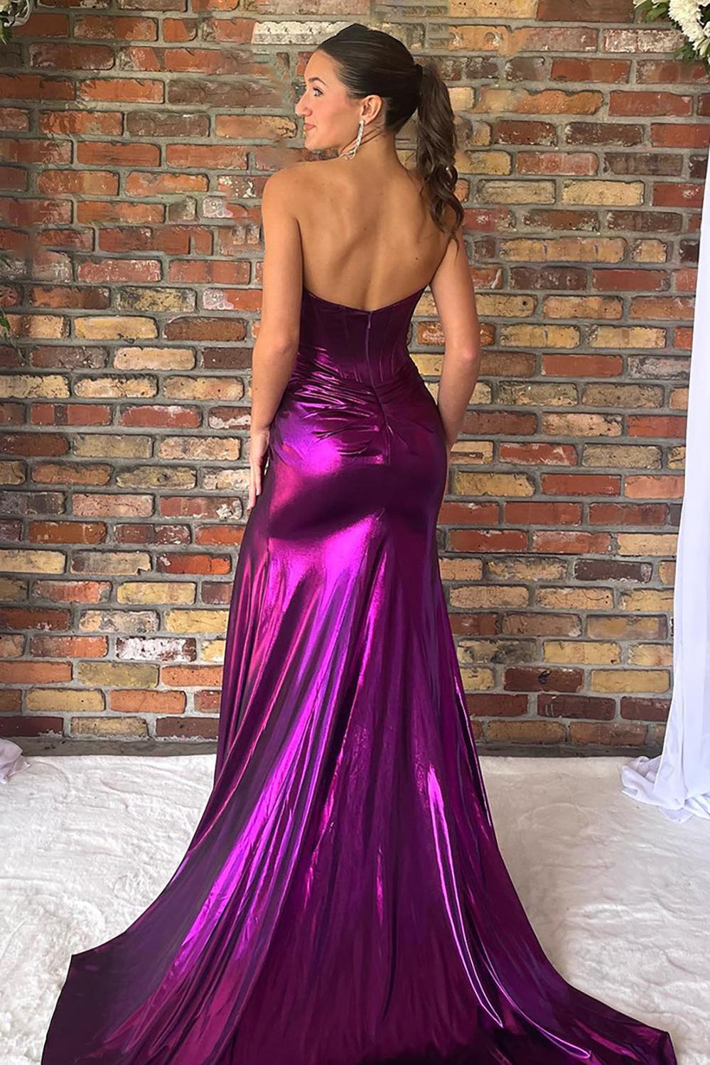 Mermaid Metallic Dark Purple Prom Dress Strapless Long Formal Dress With Slit